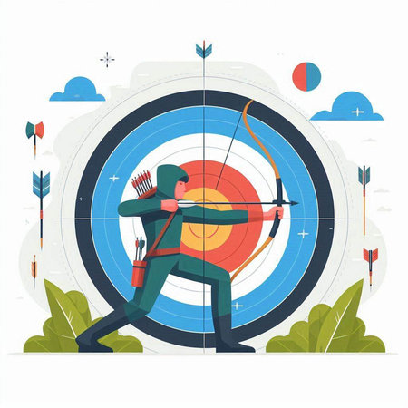 Archery sport vector illustration. Cartoon archer man with bow and arrow in target aim.のイラスト素材