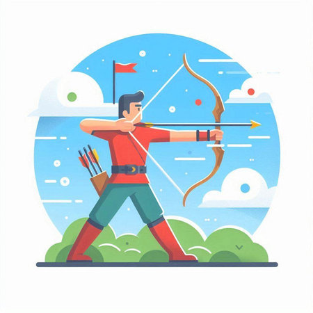 Archery, archery sport vector illustration. Cartoon male archer with bow and arrow, flat style designのイラスト素材