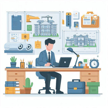 Architect working in his office. Vector illustration in flat style.のイラスト素材