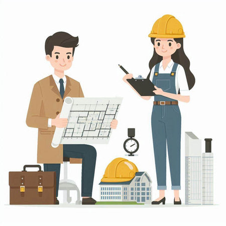 Architect and engineer man and woman working on construction site. Vector illustration.のイラスト素材