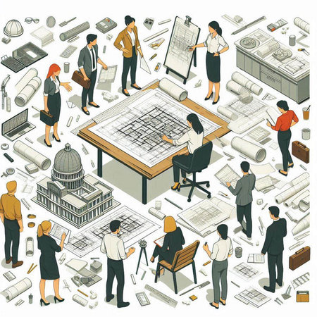 Architects and engineers working in office isometric icons set with drawing equipment isolated vector illustrationのイラスト素材