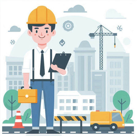 Engineer in helmet with clipboard and building on background. Vector illustrationのイラスト素材