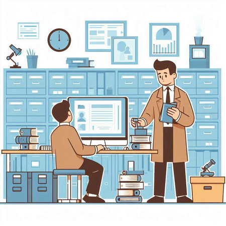 Flat design vector illustration of a man and a woman working in the office.のイラスト素材