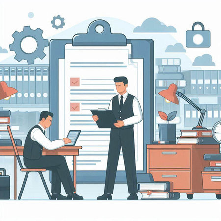 Businessman working in the office. Vector illustration in flat style.のイラスト素材