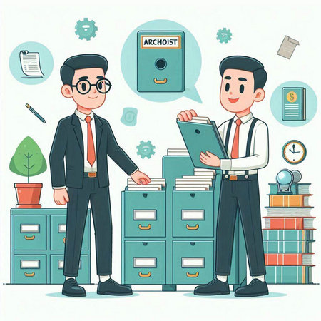 Businessman and his assistant standing in the office. Vector illustration.のイラスト素材