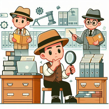 Cartoon detective working in the office. Vector illustration for your designのイラスト素材