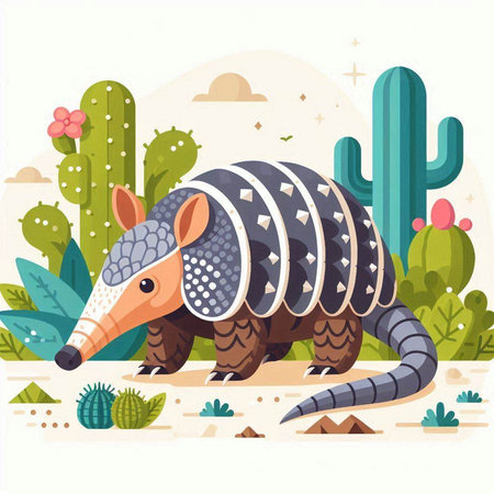 Armadillo in the desert. Cactuses and cactuses. Vector illustrationのイラスト素材