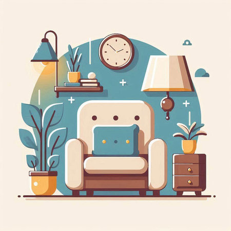 Living room with armchair, lamp and plants. Vector illustration.のイラスト素材