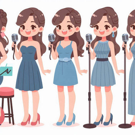 Cute girl singing karaoke with microphone. Vector illustration.のイラスト素材