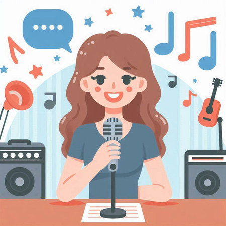 Illustration of a girl singing in a karaoke club.のイラスト素材