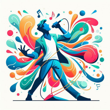 Vector illustration of a man singing with microphone and colorful abstract background.のイラスト素材