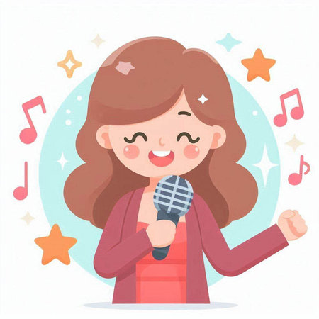 Cute girl singing karaoke with microphone. Vector illustration.のイラスト素材