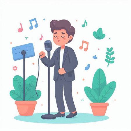 Man singing karaoke with microphone in flat style. Vector illustration.のイラスト素材