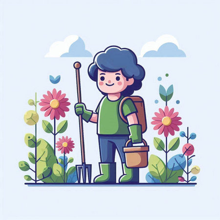 Gardening boy with shovel and rake. Vector illustration in cartoon styleのイラスト素材