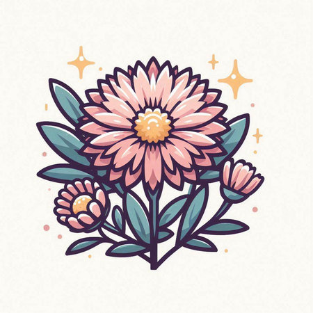 Beautiful pink aster flower with leaves and stars. Vector illustration.のイラスト素材