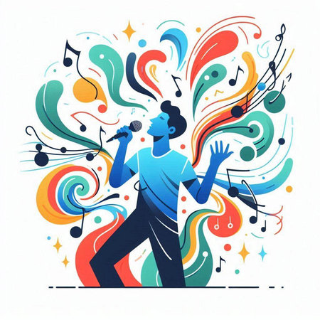 Vector illustration of singer with microphone and colorful musical notes on white backgroundのイラスト素材