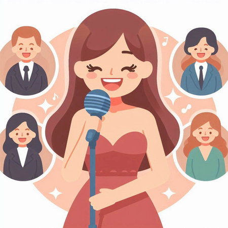 Business woman with microphone and speech bubbles. Vector illustration in flat style.のイラスト素材