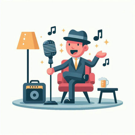 Cartoon vector illustration of a man in a suit and a hat sitting in a red armchair and singing into a microphone.のイラスト素材
