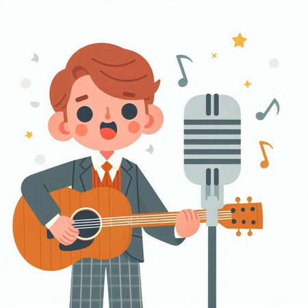 A man who plays guitar and sings with a microphone. Vector illustration.のイラスト素材