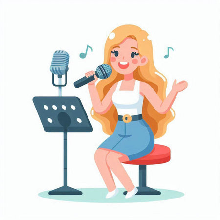 Cartoon girl singing karaoke. Vector illustration in flat styleのイラスト素材
