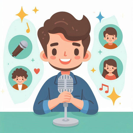 Vector illustration of a boy singing karaoke. Cartoon style.のイラスト素材