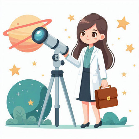 Cute little girl in a white coat holding a telescope. Vector illustrationのイラスト素材