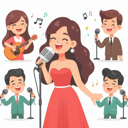 Karaoke party, singing karaoke, man and woman cartoon vector illustrationのイラスト素材