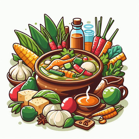 Vector illustration of a bowl of vegetable soup with ingredients and spices.のイラスト素材