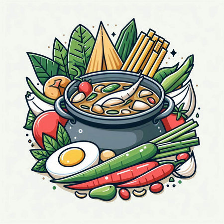 Vector illustration of Asian soup in pot with vegetables, herbs and meat.のイラスト素材