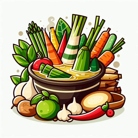 Vegetable soup in a bowl with ingredients. Vector illustration.のイラスト素材