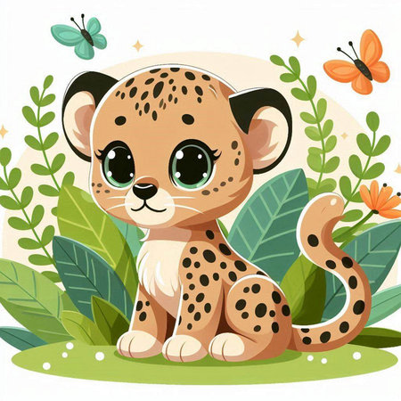 Cute cartoon leopard sitting on the grass. Vector illustration.のイラスト素材