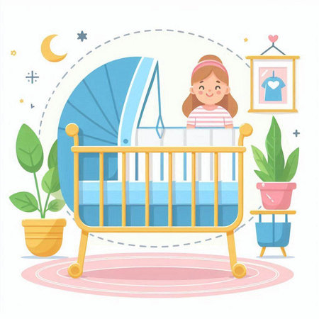 Cute cartoon baby girl playing in the crib. Vector illustration.のイラスト素材