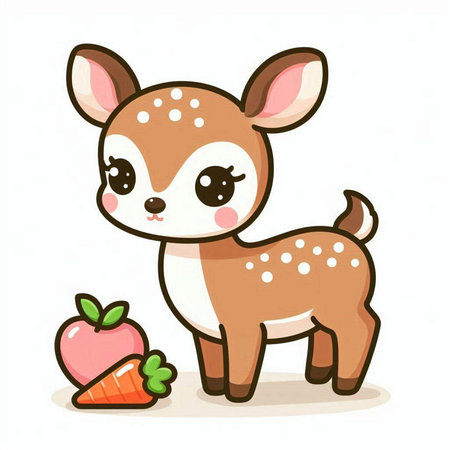 Cute little deer with carrot and apple isolated on white background. Vector illustration.のイラスト素材