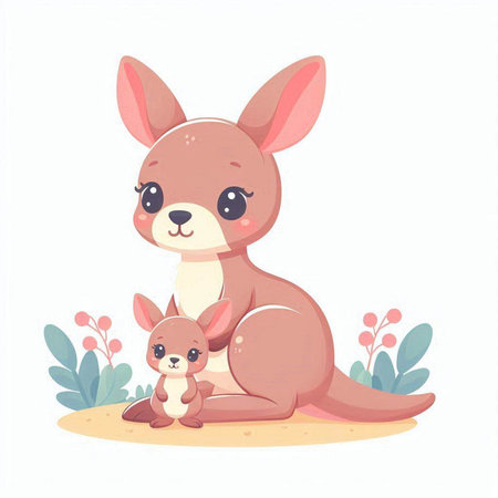 Cute kangaroo and little baby. Cartoon vector illustration.のイラスト素材
