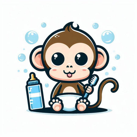 Cute monkey with milk bottle and toothbrush. Vector illustration.のイラスト素材