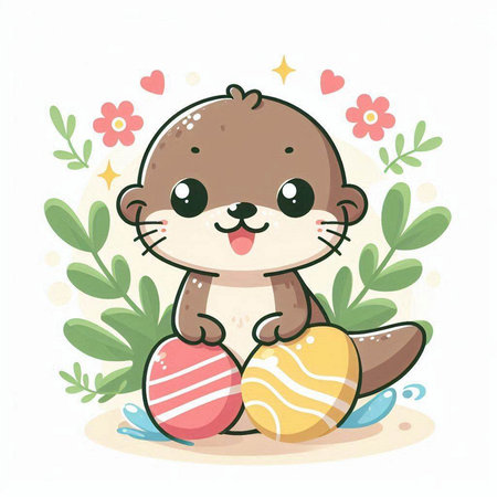 Cute cartoon otter with easter eggs. Vector illustration.のイラスト素材