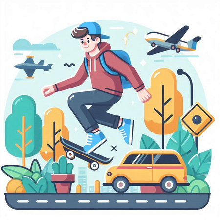 Skateboarder riding on the road in the city, vector illustrationのイラスト素材