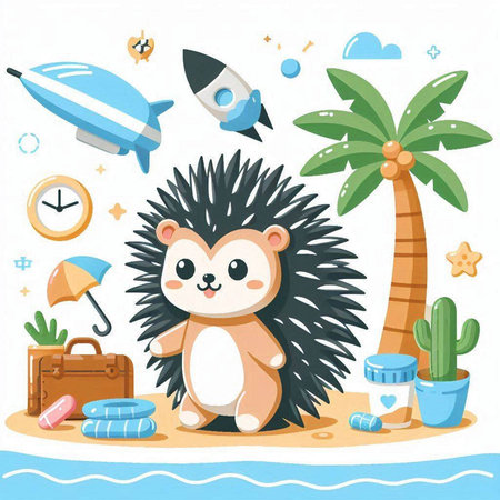 Cute hedgehog with suitcase on the beach. Vector illustration.のイラスト素材