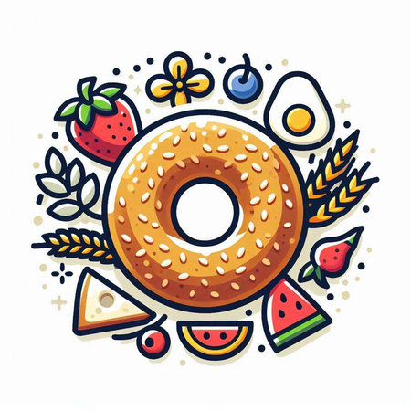 Bagel, donut, ice cream, fruits and vegetables. Vector illustration.のイラスト素材