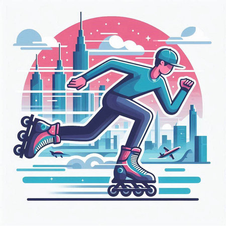 Roller skating in the city. Vector illustration in flat style.のイラスト素材