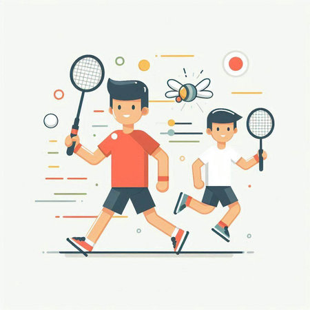 Sport man and boy playing badminton. Flat style vector illustration.のイラスト素材