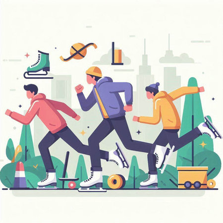 Vector illustration of men running in the park. Flat style design.のイラスト素材