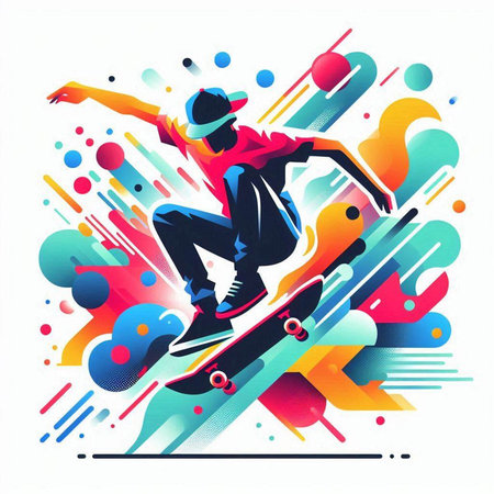 Skateboarder jumping on colorful abstract background. Vector illustration.のイラスト素材
