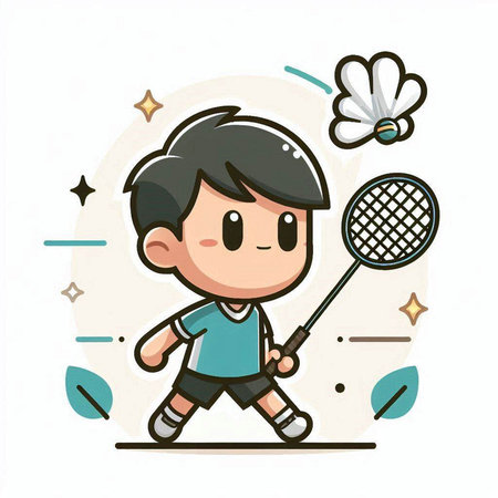 Boy playing badminton with racket and shuttlecock vector illustration.のイラスト素材