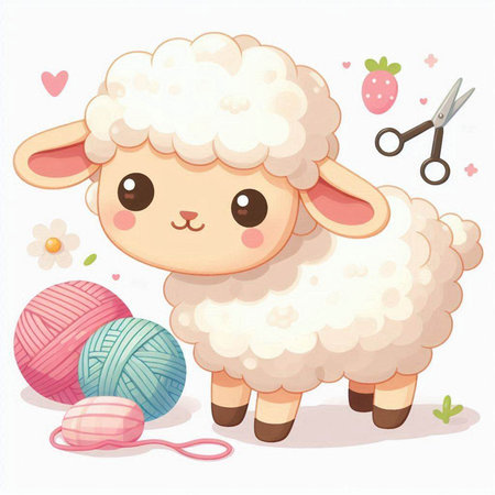 Sheep with yarn and scissors. Cute cartoon character. Vector illustrationのイラスト素材