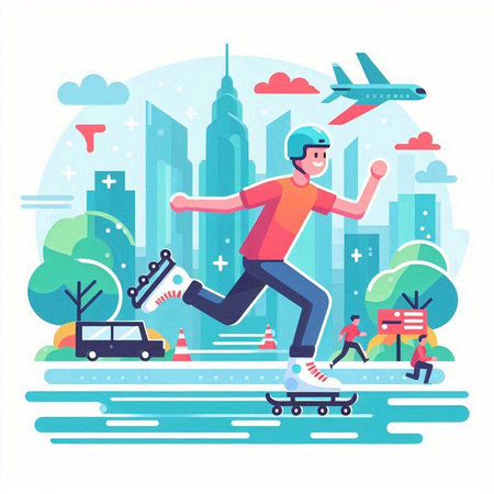 Skateboarder riding on roller skates in the city. Modern flat style vector illustration.のイラスト素材