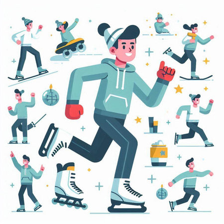 Winter sports. Vector illustration in a flat style. A man in a sportswear, skates, snowboard, hockey.のイラスト素材