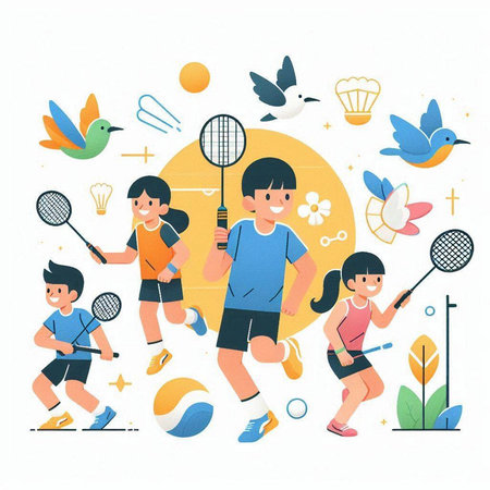 Children playing badminton. Kids playing badminton. Vector illustrationのイラスト素材