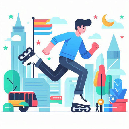 Man riding on roller skates in the city. Flat vector illustration.のイラスト素材