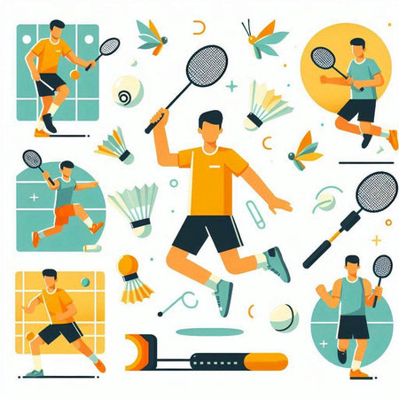 Tennis sport flat icons set with player and equipment isolated vector illustrationのイラスト素材
